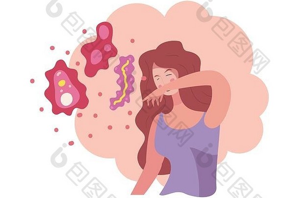 妇女打喷嚏和冠状病毒2019年新冠病毒感染的细菌设计冠状病毒流行病症状和医学主题载体插图