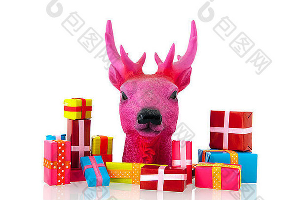 粉红色的鹿，白色背景上有许多圣诞礼物