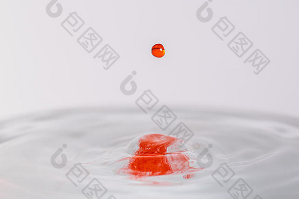 一个红色的水的特写镜头，类似于血，水滴溅入浅色的白灰色背景中