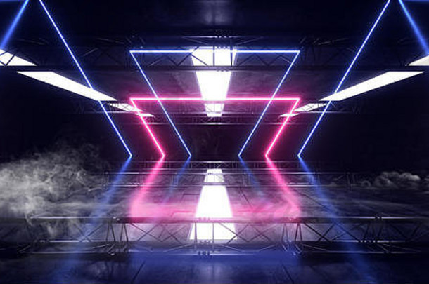 烟未来主义的sci现代霓虹灯灯蓝色的紫色的发光混凝土列圆形状技术示意图芯片纹理反光黑暗隧道小豆