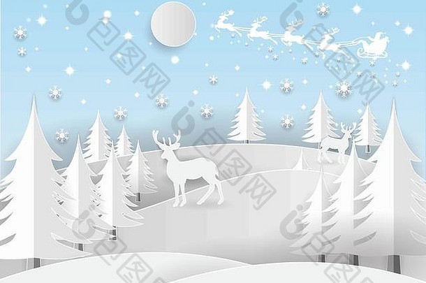 以雪花、鹿和树、纸艺术和工艺风格为主题的天空圣诞老人插图