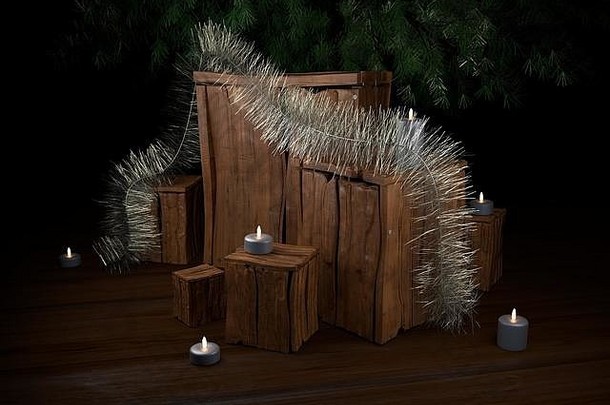 带有蜡烛、金属丝和圣诞树的圣诞盒，位于house 3d插图中