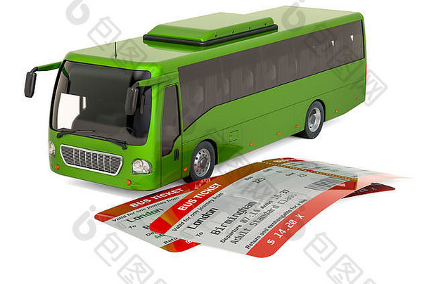 有票的公共汽车。旅行概念，在白色背景上隔离3D渲染