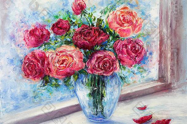 画布上美丽的花瓶或一碗新鲜玫瑰的原创油画。现代印象派、现代主义、马林主义