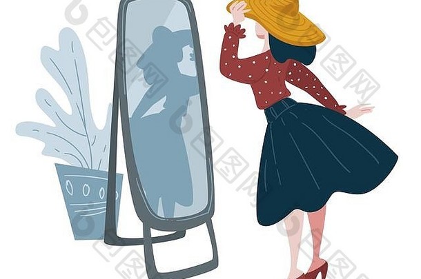 女人在镜子前试帽子，时尚购物