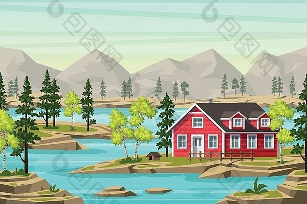 夏天景观moutains树水红色的房子