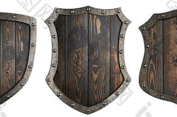 木制中世纪纹章盾牌套装独立3d插图