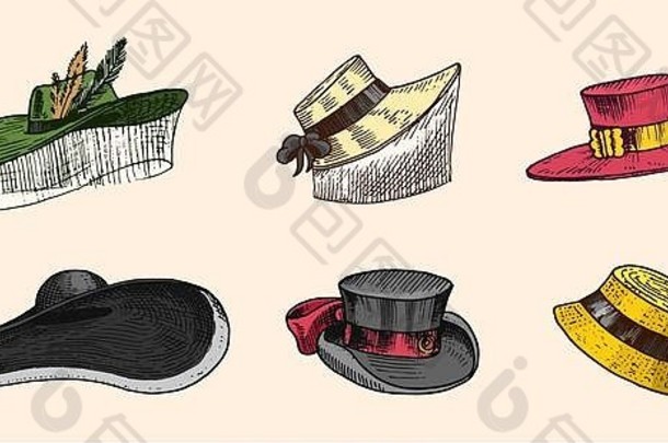 夏季复古帽子系列，适合优雅的男士、女士、女士。Fedora Derby Deerstalker Homburg Bowler稻草贝雷帽牛仔船长Porkpie Boater。复古时尚套装。英国风格。手绘