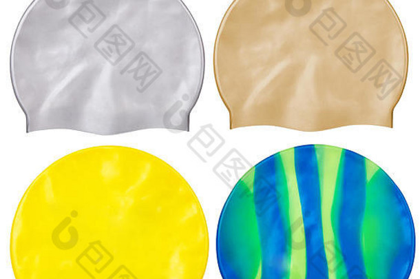 一套不同的游泳帽，由橡胶或硅胶制成，背景为白色。银色、金色、黄色、绿色和黄色条纹帽子