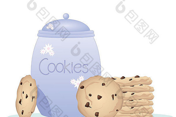 一个蓝色罐饼干罐和盖子的插图，在白色罐的侧面有一堆美味的巧克力饼干