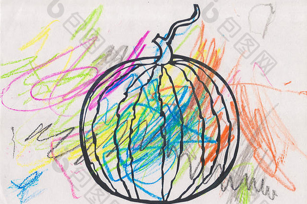 草图西瓜填满色彩斑斓的蜡笔学前教育孩子