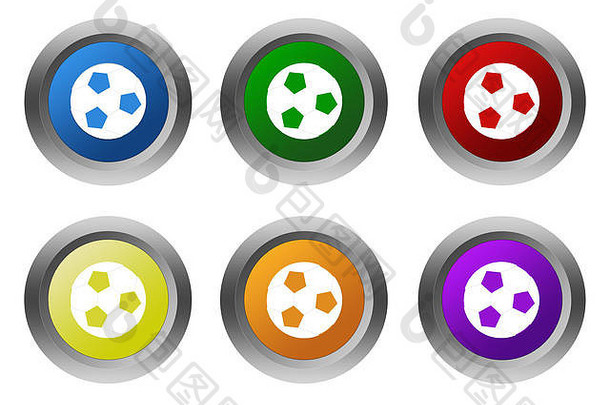 一套彩色按钮，带有蓝色、绿色、黄色、红色、粉色和橙色的足球符号