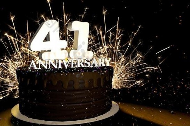 <strong>41</strong>周年纪念卡。木制桌子上装饰着<strong>蓝色</strong>、红色、黄色、绿色和白色数字的圆形巧克力蛋糕