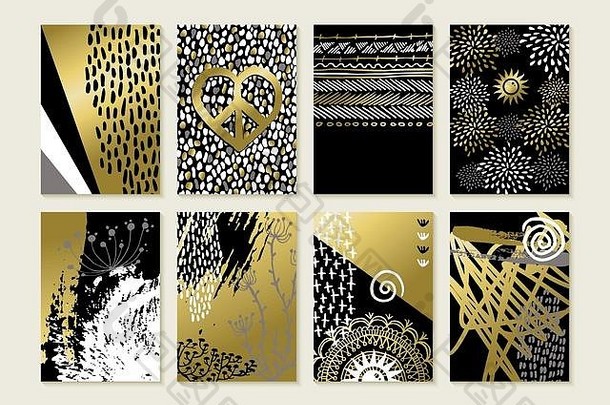 一套抽象波西米亚艺术风格的金色卡片设计，带有手绘插图和垃圾装饰。EPS10载体。