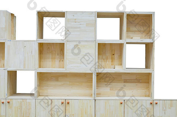 收起一个现代木柜和一个空盒子，放置物品，家具用于家庭内部装饰，在白色背景上隔离