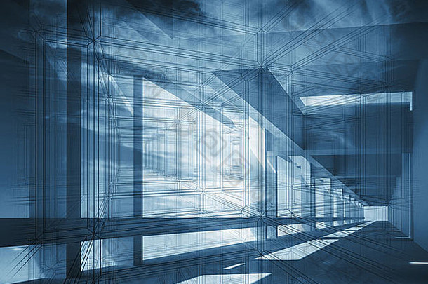 抽象3d建筑背景，蓝色内饰透视图