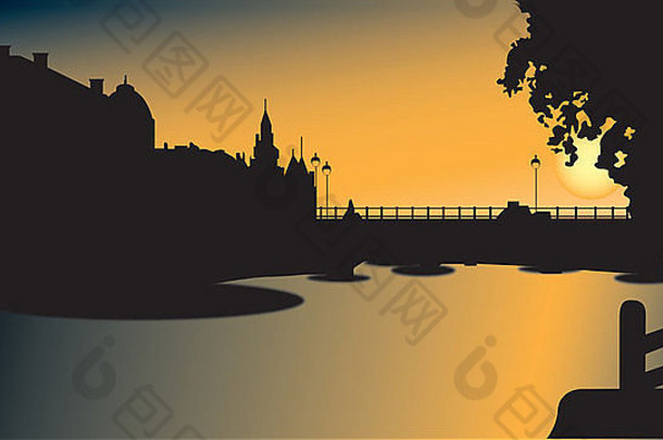 沿河建筑和桥梁的剪影，背景是灿烂的日落。