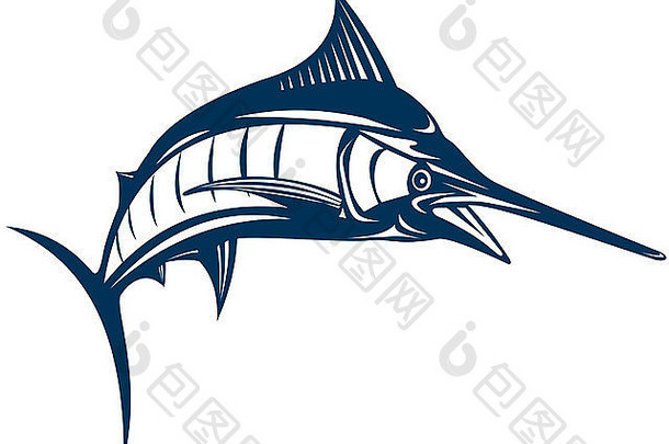 一条蓝色大马林鱼在孤立的白色背景上跳跃的复古风格插图