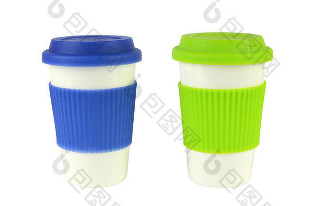 白色瓷容器咖啡热饮料蓝色的绿色盖子热袖子孤立的白色