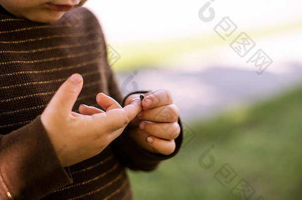 一个蹒跚学步的女孩手里拿着一只虫子。