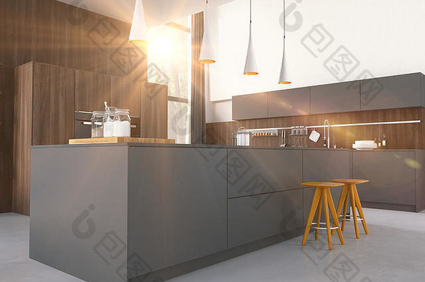 房子或公寓中的现代厨房。三维渲染