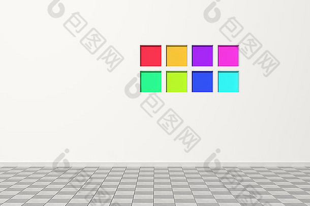 在现代房间中使用彩色正方形对现代构图进行3d渲染