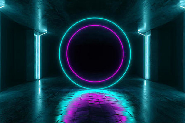 圆霓虹灯灯图形发光的紫色的蓝色的充满活力的虚拟sci未来主义的隧道工作室阶段建设车库讲台上宇宙飞船晚上黑暗