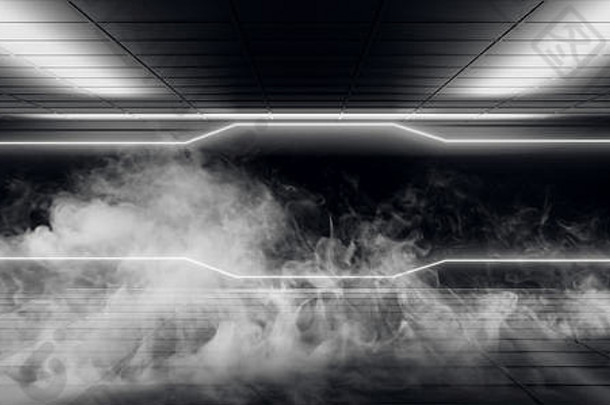 烟雾霓虹灯发光的网络白色sci现代未来主义的简约黑暗黑色的房间反射墙空空间呈现插图
