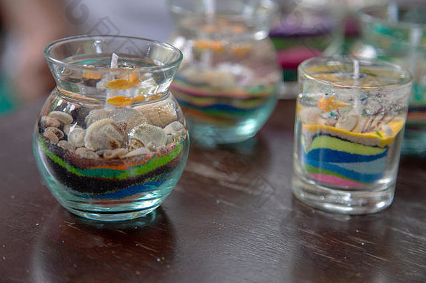 艺术对象颜色沙子壳牌石蜡蜡使蜡烛玻璃盒子爱好手工制作的对象装饰