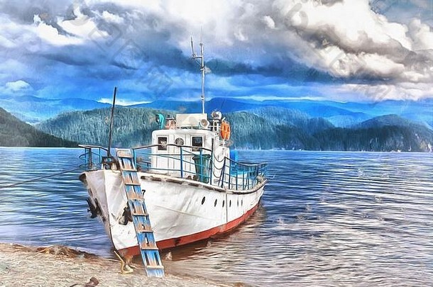 电动机船湖海岸山背景色彩斑斓的绘画