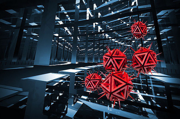 深蓝色数字隧道中带有红色尖锐物体的计算机病毒插图。三维渲染背景