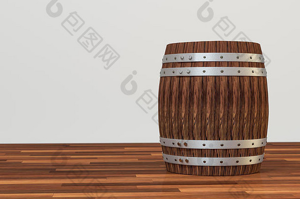木质酒桶，白色背景，3d渲染。计算机数字背景。