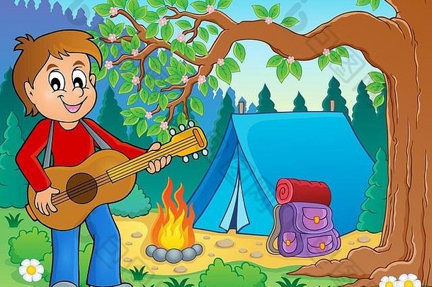 营地主题2中的男孩吉他手-图片插图。