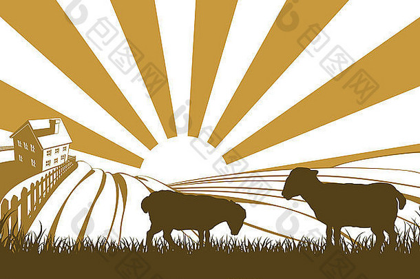 以日出和农舍为背景的农场田野中羔羊或绵羊的剪影插图