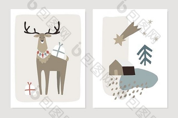 集圣诞节斯堪的那维亚问候卡片邀请摘要冬天变形景观房子下降明星驯鹿礼物盒子