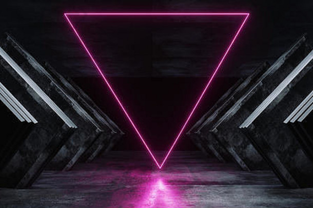 三角形入口未来主义激光霓虹灯发光紫色科幻黑暗空飞船外星人走廊隧道反射混凝土垃圾充满活力的虚拟Re