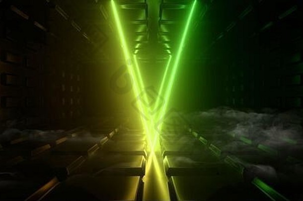 sci未来主义的金属反光示意图变形主板地板上现实的现代霓虹灯发光的激光三角形弧梁绿色蓝色的电sha