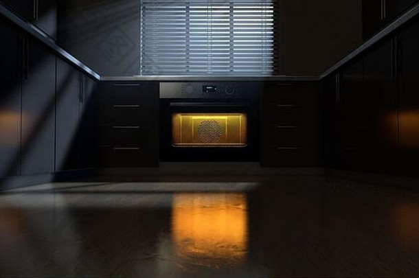 清洁厨房橱柜关闭空热烤箱月亮光未来窗口渲染