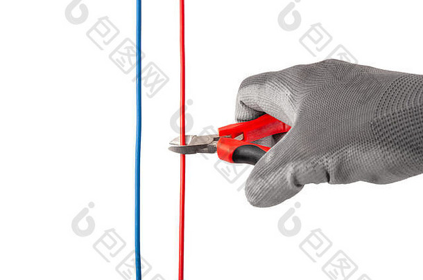 线钳子钳修复工具手电工保护手套切割红色的线孤立的白色