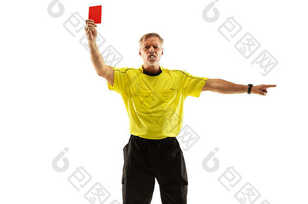 裁判显示红色的卡手势足球足球球员游戏孤立的白色工作室背景概念体育运动规则违反有争议的问题障碍克服