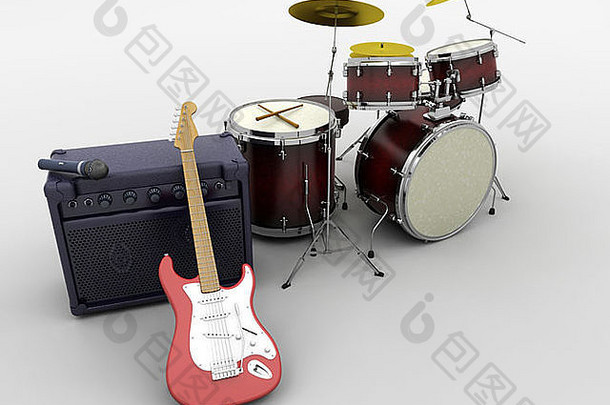 吉他放大器和鼓套件的3d渲染