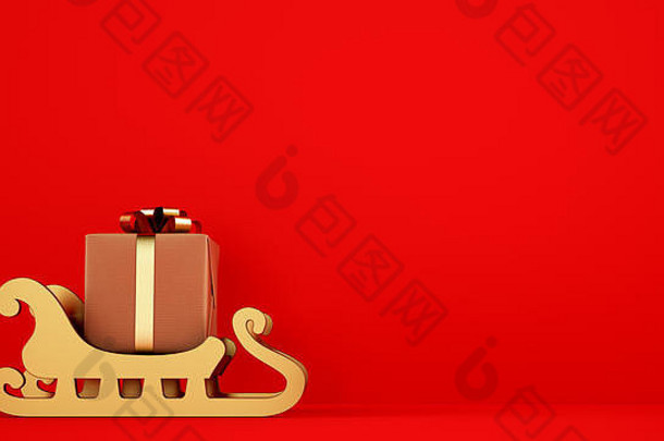 红色背景金色雪橇上的独立圣诞礼品包