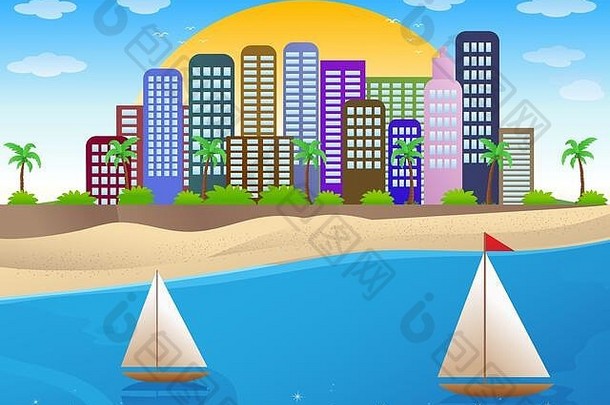 海滩城市背景上的夏季假期旅行时间抽象设计插图