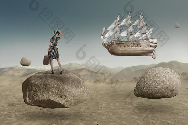 年轻女子乘坐旧帆船遨游天空的抽象幻想艺术