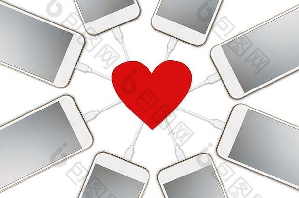 在白色背景上，几部智能手机被隔离在一个空白屏幕上，从红色纸张的中心充电，这是爱的力量的概念