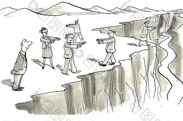 蒙住眼睛的商人沿着悬崖边行走的商业漫画，“团队建设练习变得更加。。。“有趣”。