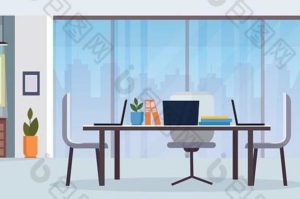 现代办公室室内办公桌创意合作工作中心空无人工作区平面水平