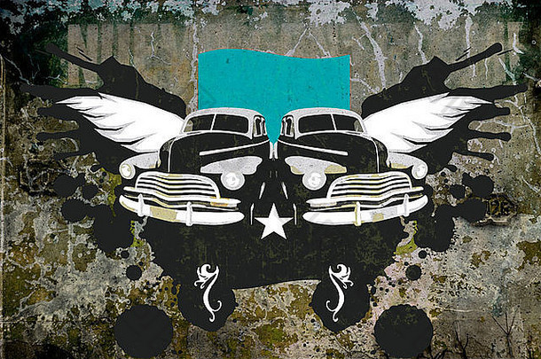 grunge抽象背景上的古巴经典复古汽车插图