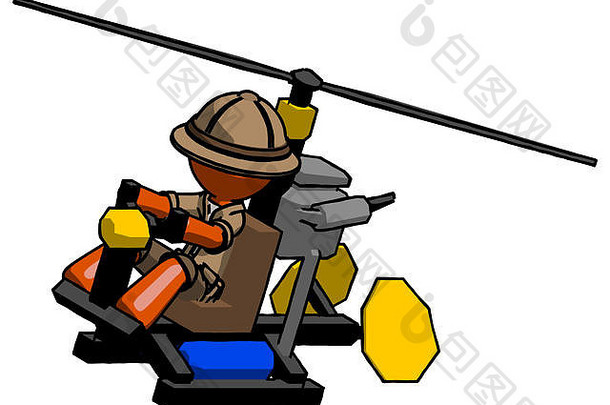 橙色探险者游侠在旋翼直升机正面角俯视图中飞行。