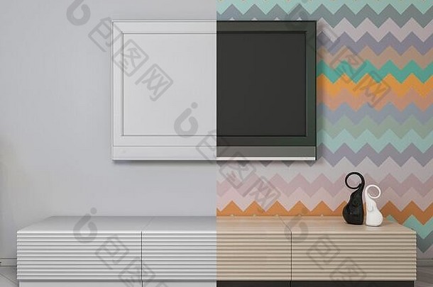 插图小公寓柔和的颜色interor设计生活房间厨房现代风格